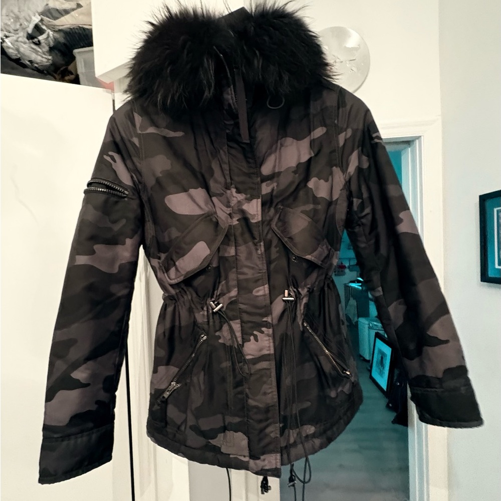 SAM.  Grey - black Camouflage Fur-Trimmed Utility Jacket